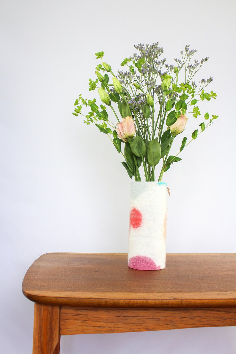 Tall 100% Wool Wrapped Glass Vase in Pink and Aqua Tones, Modern Abstract Vase, Felted Wool and Up-cycled Glass Decor Piece, Spring Vase image 9