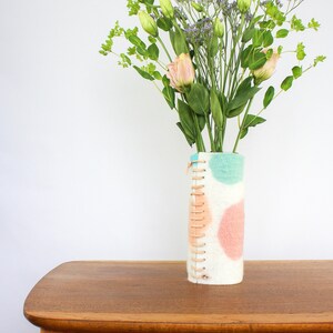 Tall 100% Wool Wrapped Glass Vase in Pink and Aqua Tones, Modern Abstract Vase, Felted Wool and Up-cycled Glass Decor Piece, Spring Vase image 5