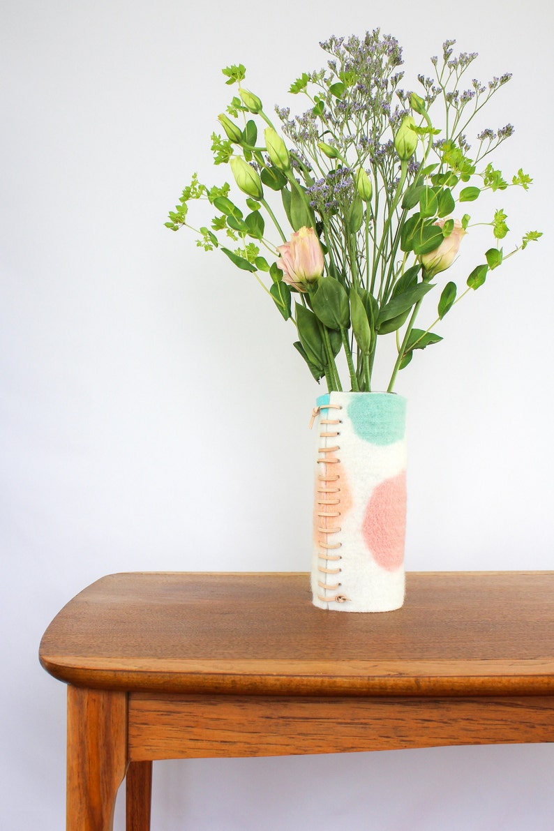 Tall 100% Wool Wrapped Glass Vase in Pink and Aqua Tones, Modern Abstract Vase, Felted Wool and Up-cycled Glass Decor Piece, Spring Vase image 5