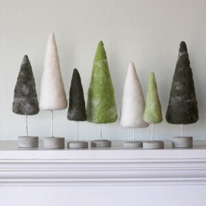Felted Trees Seasonal Home Decor, Natural Green Tones with White 7 Trees
