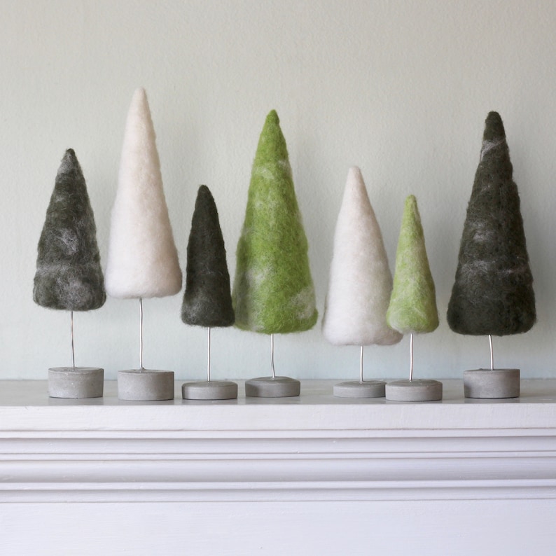 Felted Trees Seasonal Home Decor, Natural Green Tones with White 7 Trees