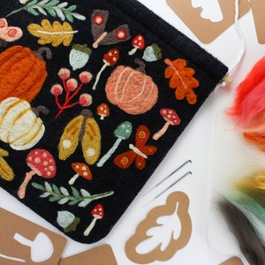 12x12 inch Fall Decor Felting Kit, Black Wool Felt with Vibrant Autumn Foliage, DIY Sign Craft, Felted Moths, Mushrooms, Pumpkins, & Leaves image 6