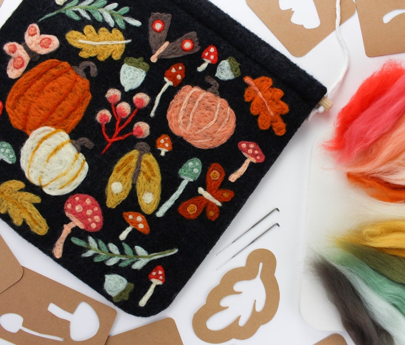 12x12 inch Fall Decor Felting Kit, Black Wool Felt with Vibrant Autumn Foliage, DIY Sign Craft, Felted Moths, Mushrooms, Pumpkins, & Leaves image 6