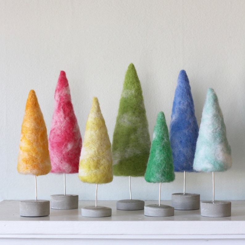 Felted Trees in Bright Vintage Colors, Bottle Brush Trees Style, Retro Christmas style 7 Trees