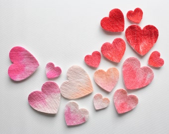 100% Wool Felt Hearts, Small Batch Valentine Craft Felt, Gradient Pink & Red toned Pre-Cut Heart Shapes in 3 sizes, Natural Crafting Hearts