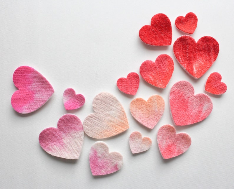 100% Wool Felt Hearts, Small Batch Valentine Craft Felt, Gradient Pink & Red toned Pre-Cut Heart Shapes in 3 sizes, Natural Crafting Hearts image 1