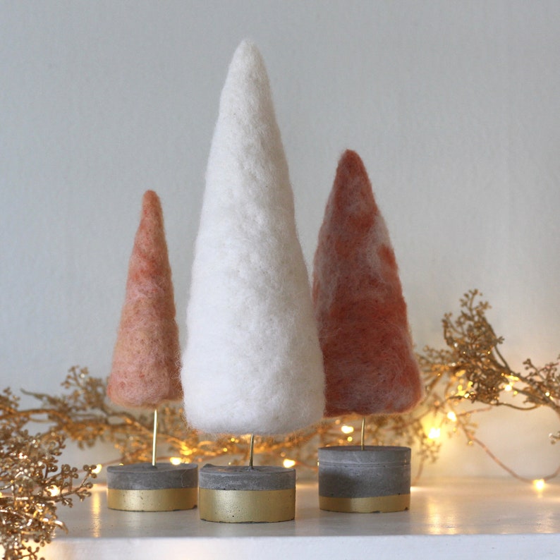 Felted Trees in Frosty Coral & White with Gold accents, Boho Christmas Style image 3