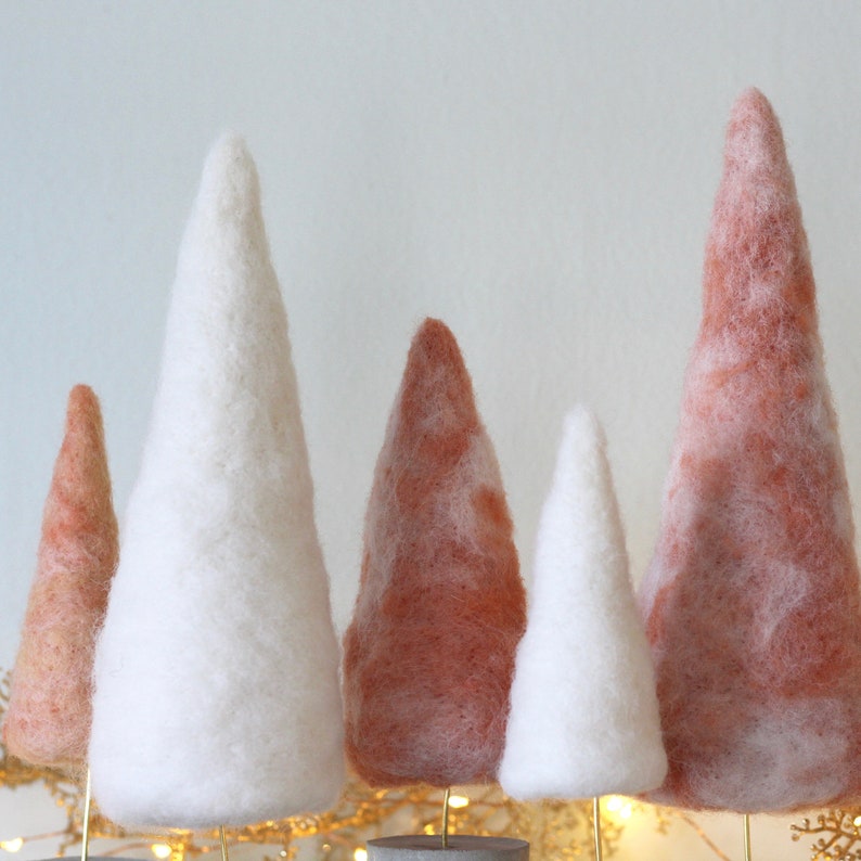 Felted Trees in Frosty Coral & White with Gold accents, Boho Christmas Style image 6
