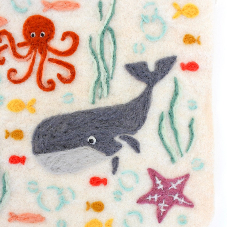 8x8 inch Sea Theme Wall Hanging Felting Kit, Wool Felt Sign with Simple DIY Felted Whales, Fish, Crab, Octopus, Cute Kids Room Decor Project image 5