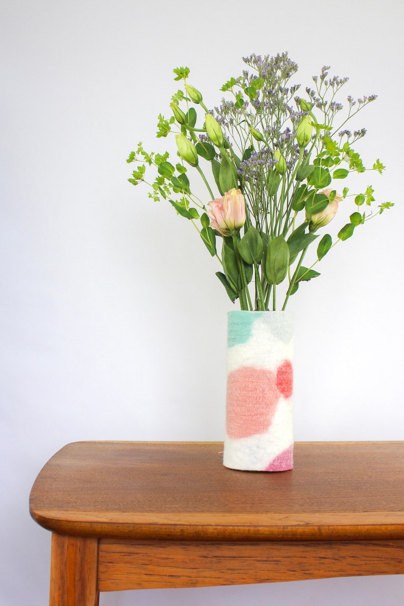 Tall 100% Wool Wrapped Glass Vase in Pink and Aqua Tones, Modern Abstract Vase, Felted Wool and Up-cycled Glass Decor Piece, Spring Vase image 4