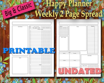 INSTANT DOWNLOAD Happy Planner Big & Classic Weekly - Undated - 2 Page Spread PRINTABLE + Lined notes and Dot grid pages