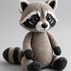 May include: A crocheted raccoon plush toy featuring a grey body, black paws, and a striped tail. The face has white markings around large dark eyes, a black nose, and thin whiskers. The texture is consistent with yarn stitches throughout the figure.