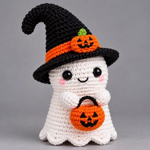Spökhäxhatt, enkelt amigurumi-virkmönster, Halloweendekor för nybörjare, digital handledning pumpadekor, direktnedladdning (PDF)