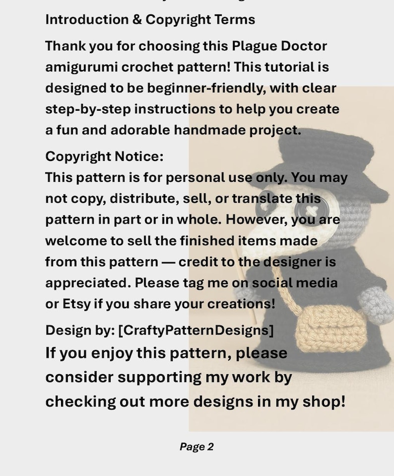 Peut inclure: Page d'un patron de crochet avec du texte, dont "Plague Doctor amigurumi crochet pattern" et "CraftyPatternDesigns". Le patron est con&ccedil;u pour les d&eacute;butants. Une figurine de m&eacute;decin de la peste crochet&eacute;e est visible.