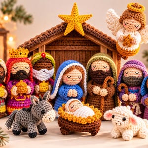 Pode incluir: Um conjunto de presépio em crochê com figuras de Maria, José, o menino Jesus na manjedoura, três sábios, um anjo, um burro e um cordeiro. As figuras estão dispostas em frente a um estábulo de crochê castanho coroado por uma estrela amarela.