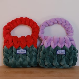 Christmas Colors Chunky Knit Crochet Bag | Handmade Velvet Yarn Purse – Cozy Winter Shoulder Tote | Best Gift for Her&Kids | Holiday Present