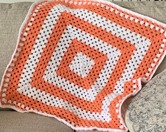Baby Tangerine Orange and white Granny Square Unicorn baby Blanket