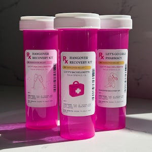 Hangover Kit Container, Empty Pill Bottle, DIY Recovery Kit, Bachelorette, Bridal Shower, Wedding, Birthday Party Favor, RX Prescription