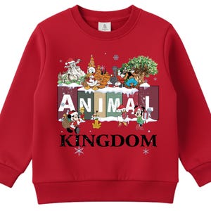 A red sweater with a collage of Disney characters and the word "ANIMAL" prominently displayed.