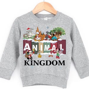 A gray sweatshirt with a graphic design featuring various Disney characters and the word "ANIMAL" prominently displayed.