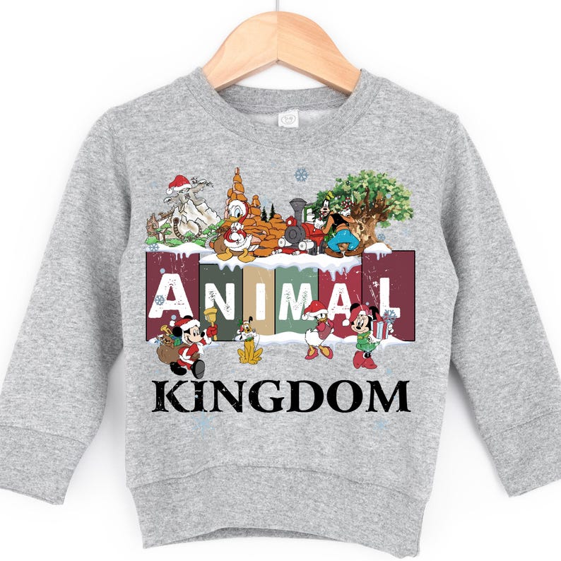 A gray sweatshirt with a graphic design featuring various Disney characters and the word "ANIMAL" prominently displayed.