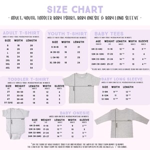 The image is a size chart for children's clothing, including a toddler t-shirt, a baby onesie, and a baby long sleeve. The chart provides measurements for different age groups, such as infants, toddlers, and young children.