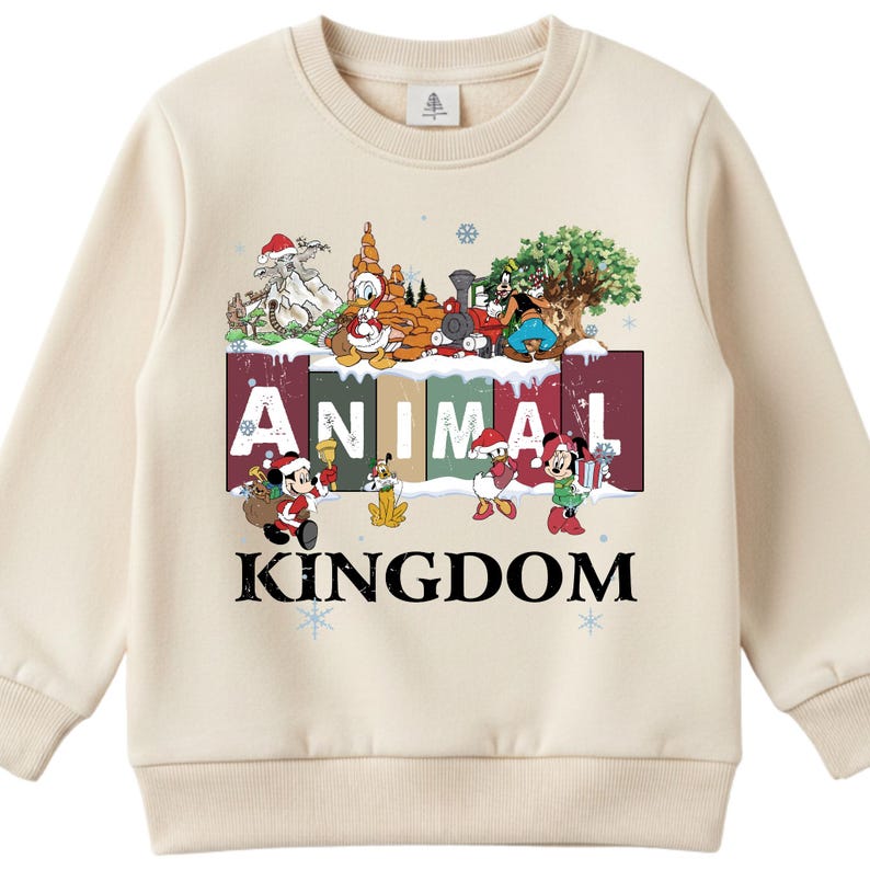 A beige sweater with a graphic design featuring various Disney characters and the word "ANIMAL" prominently displayed.