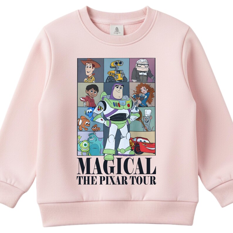 A pink sweatshirt with a graphic design featuring characters from the animated film "Pixar's Magical The P Pixar Tour".