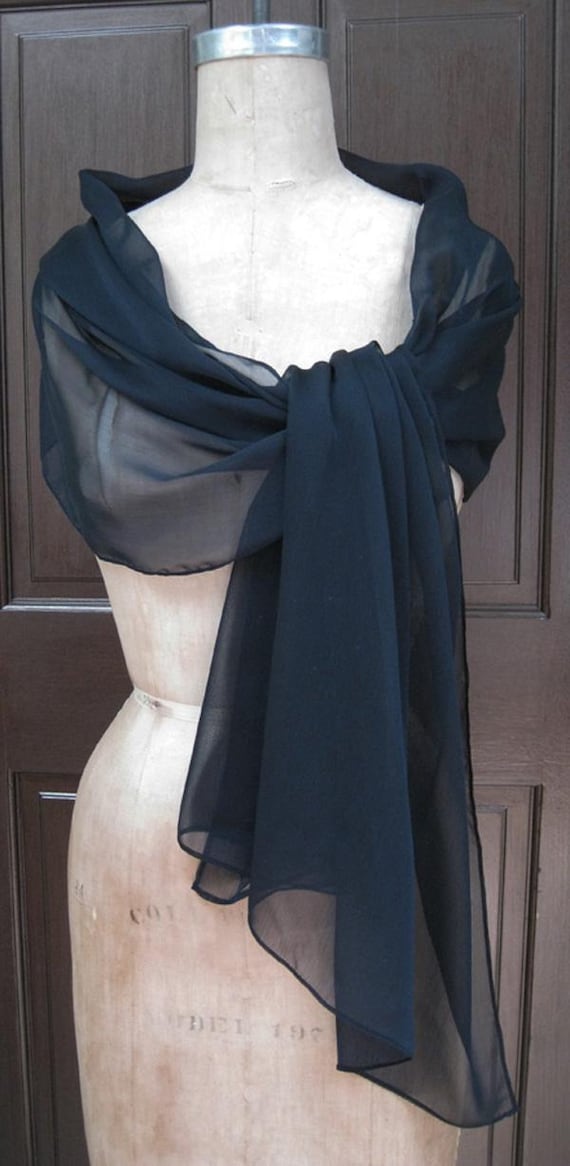 Navy Blue Sheer Chiffon Shawl Wrap Bolero With Rhinestones
