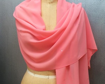 Coral Sheer Chiffon Shawl Wrap with Rhinestones