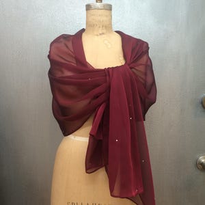 Burgundy Sheer Chiffon Shawl Wrap with Rhinestones