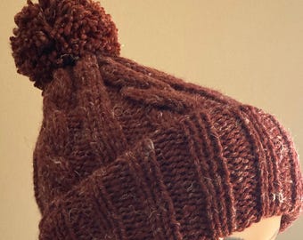 Hand Knit Dark Red Cable Knit Hat with PomPom - Made in USA