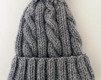 Gray Knit Hat with Cable and PomPom Detail, Hand Knit, Made in USA