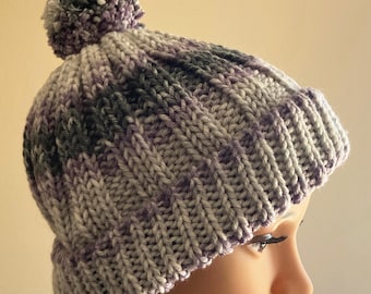 Winter Knit Hat with PomPom, Hand Knit, Made in USA