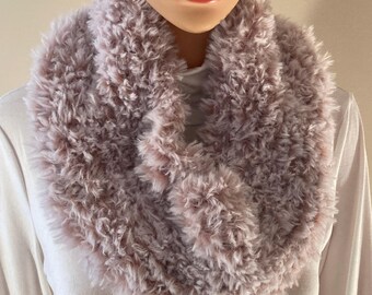 Soft Pink Furry Cowl Neck Warmer, Hand Knit, Made in USA