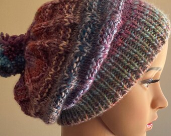 Multi Colored Winter Knit Hat with PomPom, Hand Knit, Made in USA