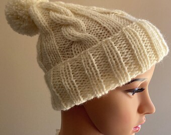 White Knit Hat with Cable and PomPom Detail, Hand Knit, Made in USA