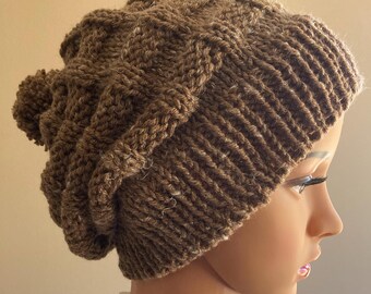 Brown Winter Knit Hat with PomPom, Hand Knit, Made in USA