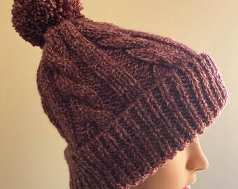 Hand Knit Cable Knit Hat: Red Brown PomPom, Made in USA