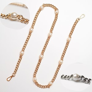 Cadena vintage para bolso, monedero, billetera, bolso de mano, cadena de repuesto, color dorado y plateado, con 12 perlas.