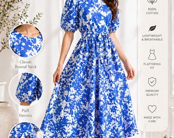 Blue Floral Cotton Midi Dress, Puff Sleeve, Belted A-Line Summer Dress