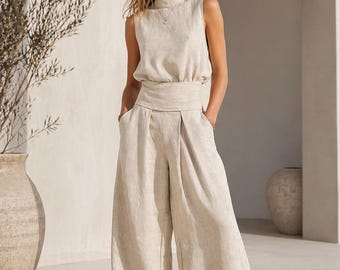 Women Linen Matching Set Sleeveless Top Wide Leg Pants Summer Outfit