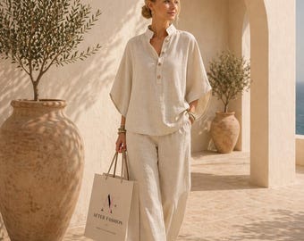 Completo da donna in cotone, composto da camicia e pantaloni traspiranti, abbigliamento casual e ampio.