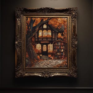 May include: A painting of a cozy cottage with a bookshelf, surrounded by autumn leaves. The cottage has a warm glow coming from the windows, and there are pumpkins on the porch.