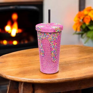 Pink Rhinestone Tumbler, Glitter Tumbler Cup, Bling Tumbler, Bedazzled Tumbler, Bling Birthday Gifts for Her, Handmade gift, studded tumbler