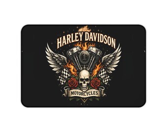 Skull V-Twin Motorcycles Desk Mat | Winged Engine, Flames, Roses