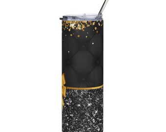 Realistic Looking Gold Bow Black Glitter Print, Tumbler | 20oz Stainless Steel