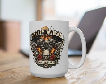 Motorcycle Skull & Wings Mug | Motorcycle V-Twin Flames Roses 15oz