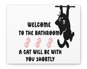 Welcome to the Bathroom Cat Wall Art Canvas | Cat Paw Prints Bathroom Sign