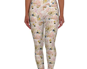 Watercolor Floral Pattern High Waisted Yoga Leggings | Pastel Botanical Pants